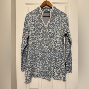 MFH Knit Women’s Sweater Geometric Pattern 100% Pima Cotton Blue & Cream Size XL